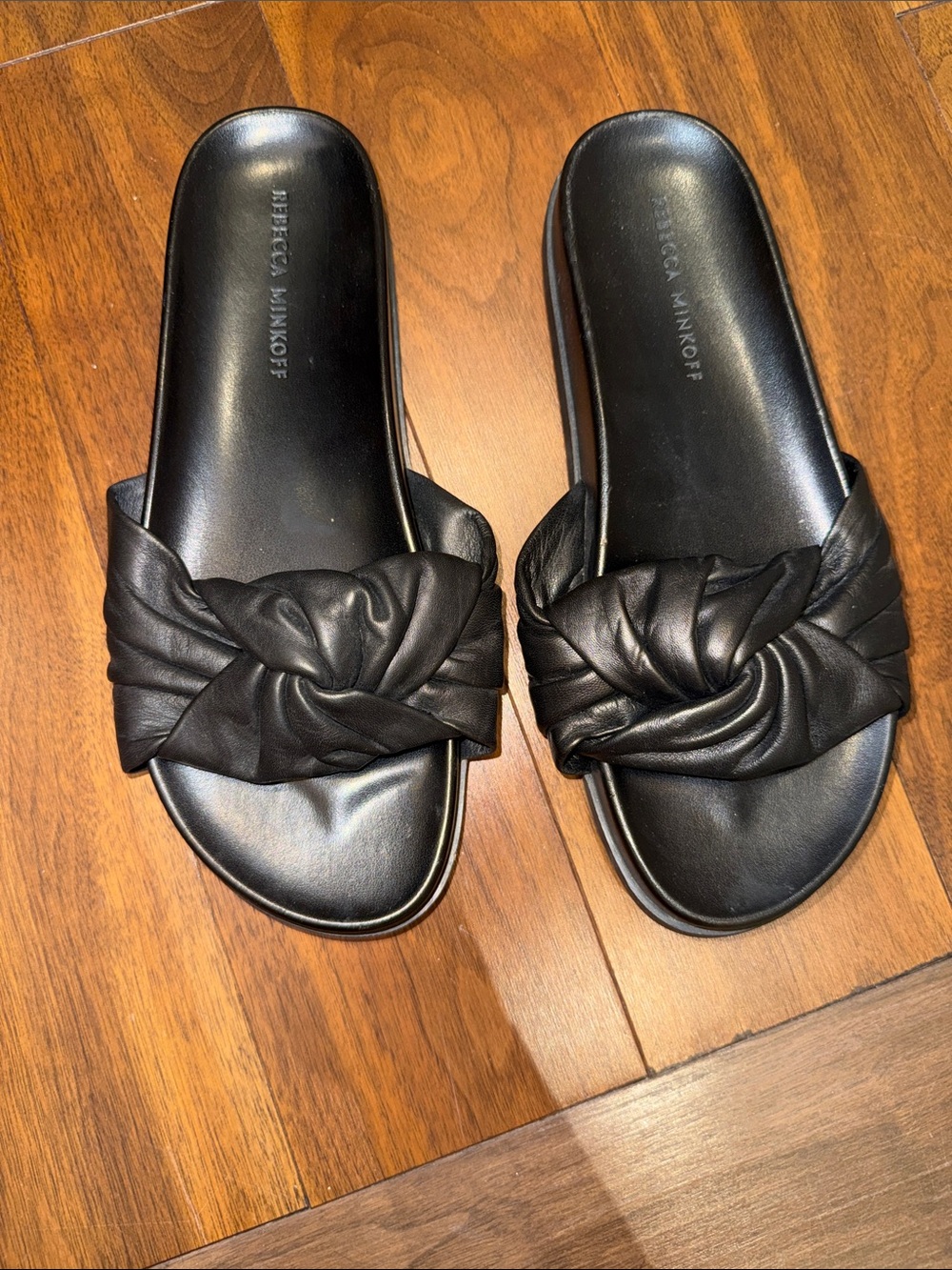 Rebecca Minkoff Black Knotted Leather Slide Sandals